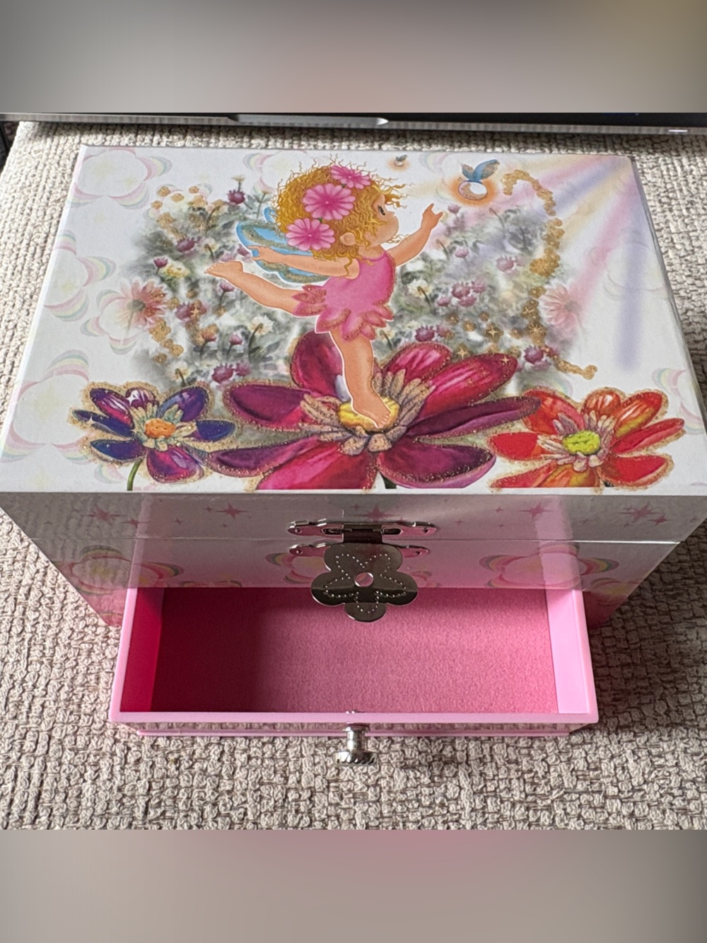 Pink Floral Music Jewelry Box with Fairy Design